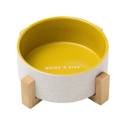Ochre Ceramic Dog Bowl with Wooden Stand