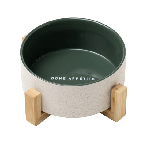 Green Ceramic Dog Bowl with Wooden Stand