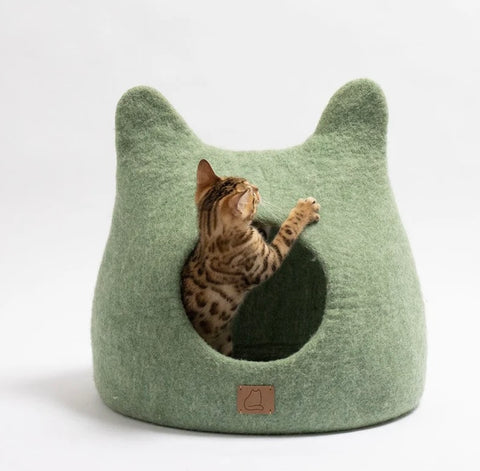 Premium Felted Wool Eucalyptus Green Cat Cave with Ears