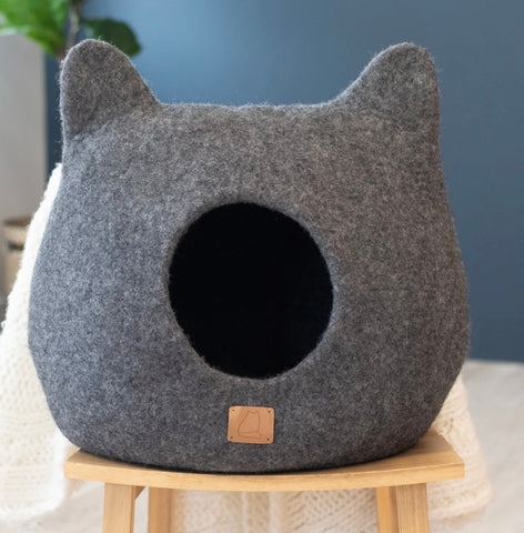 Premium Felted Wool Grey Cat Cave with Ears